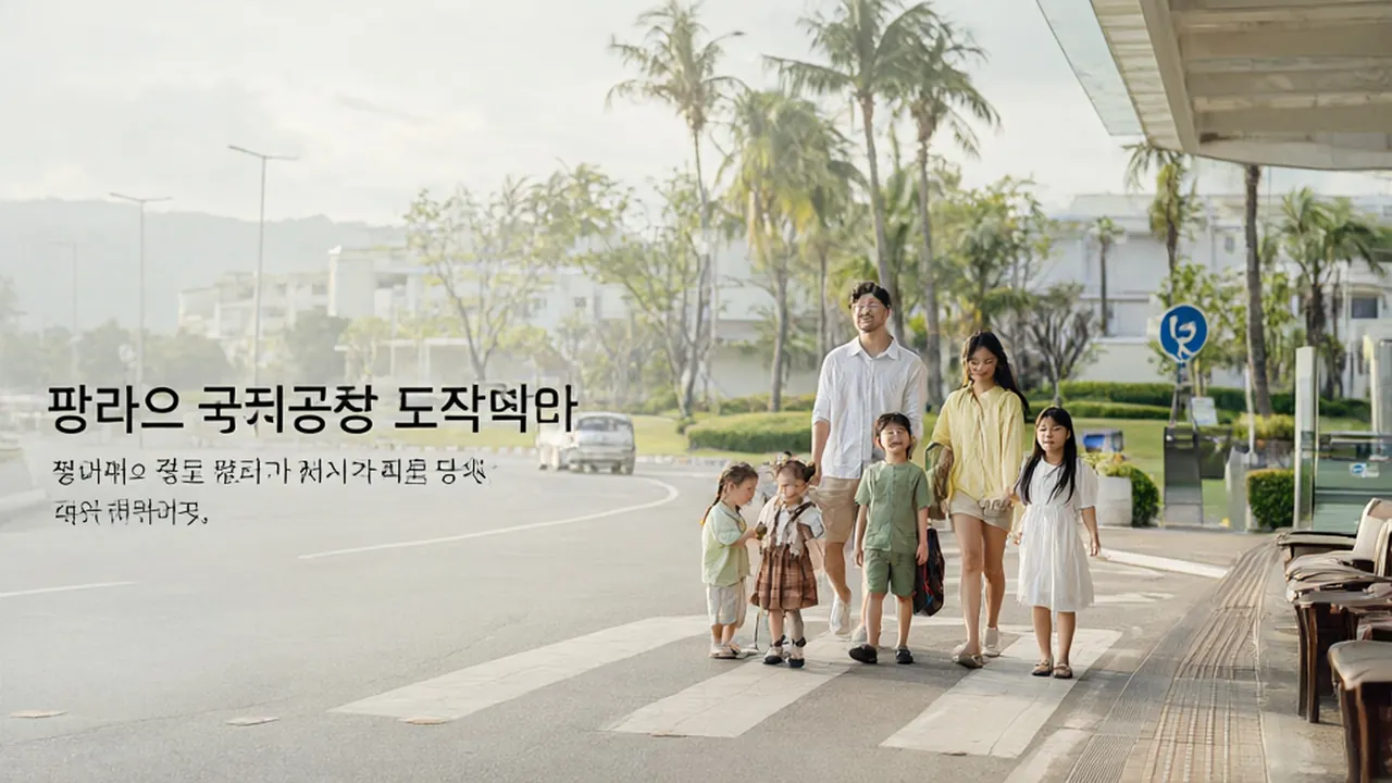 팡라오 국제공항 도착장에서 리조트 픽업 차량을 찾는 가족