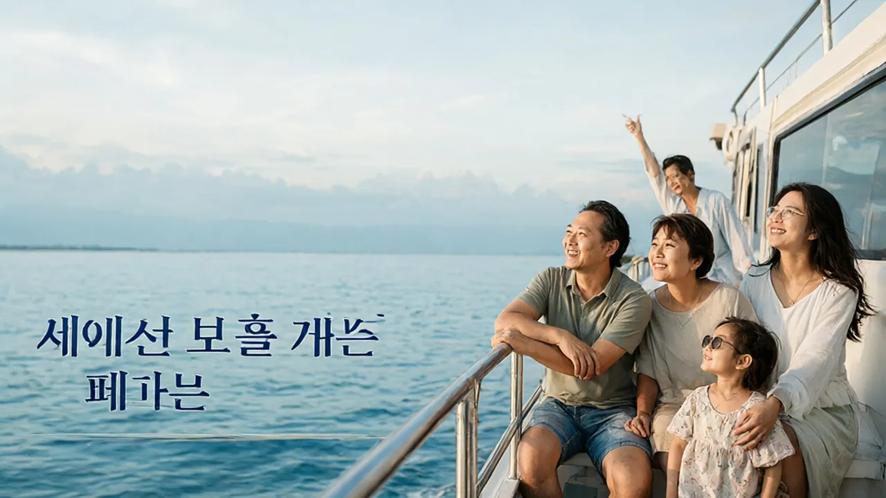 세부에서 보홀로 가는 페리 위에서 바다를 바라보는 가족