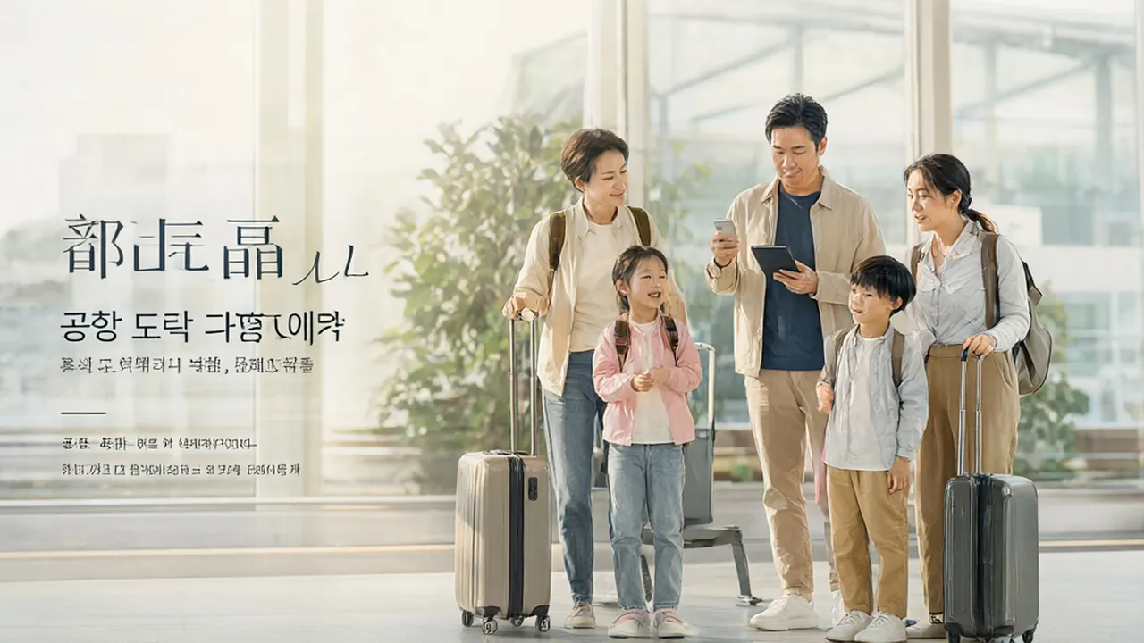 공항 도착장에서 휴대전화로 지도 앱과 QR 코드를 확인하는 가족