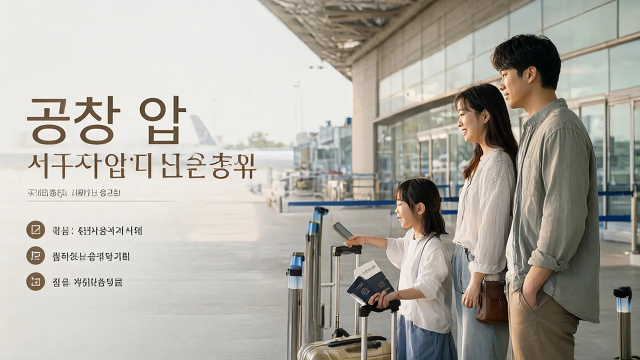 공항 입국 심사대 앞에서 여권과 휴대전화 QR 코드를 준비하는 가족