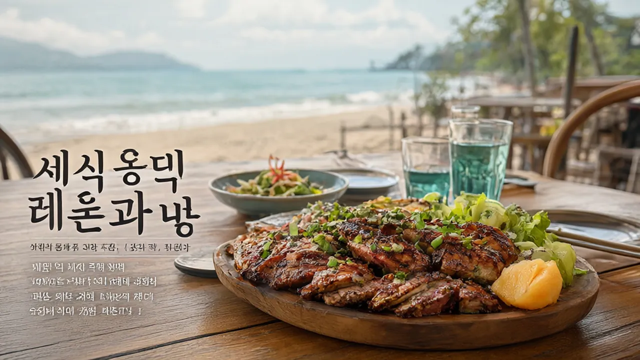 세부식 통돼지구이 레촌과 밥, 과일이 차려진 식탁