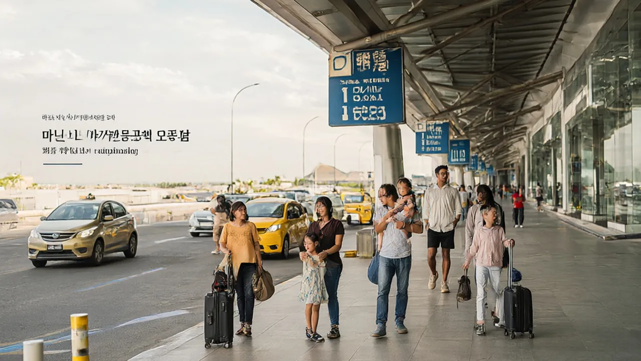 마닐라 니노이 아키노 국제공항 도착장에서 택시 줄과 안내 표지판을 보는 가족