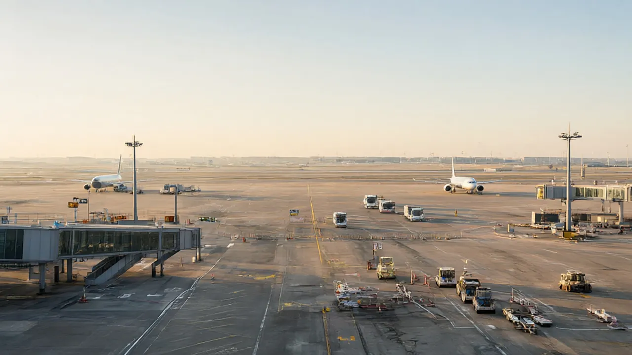 먹구름이 낀 공항 활주로와 지연 안내 전광판